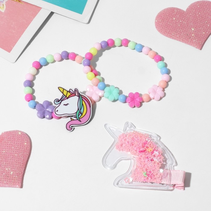 Комплект детский «Выбражулька» 3 предмета: заколка, 2 браслета, единорог, цветной Комплект детский «Выбражулька» 3 предмета: заколка, 2 браслета, единорог, цветной