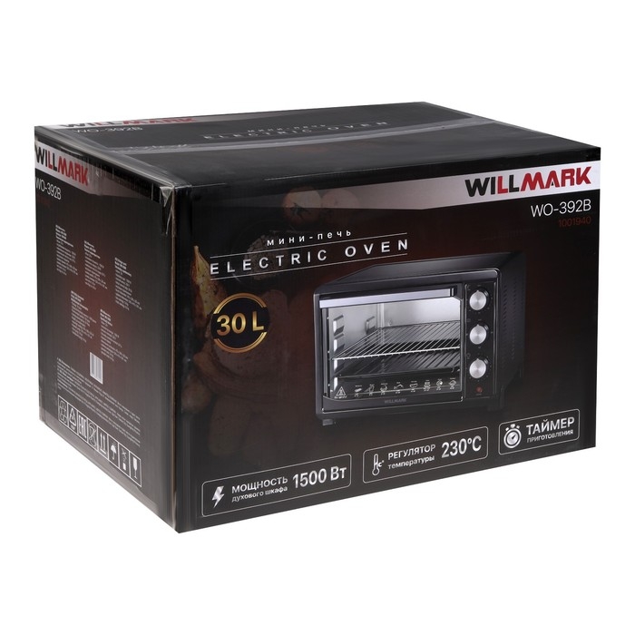 Мини-печь WILLMARK WO-392B, 1500 Вт, 30 л, таймер, до 230°С, чёрная