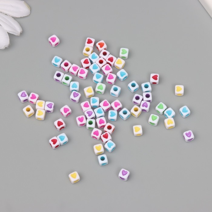Бусины для творчества пластик Бусины для творчества пластик "Куб цветные сердца" набор 20 гр 0,4х0,4 см