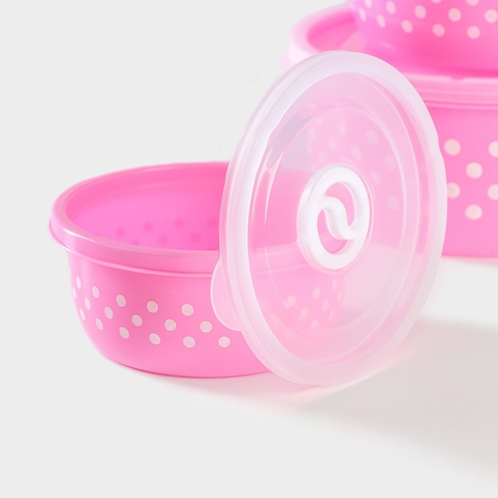 Ланч - боксы Доляна «Горошек», набор 3 шт: 300/600/900 мл, круглые, цвет розовый