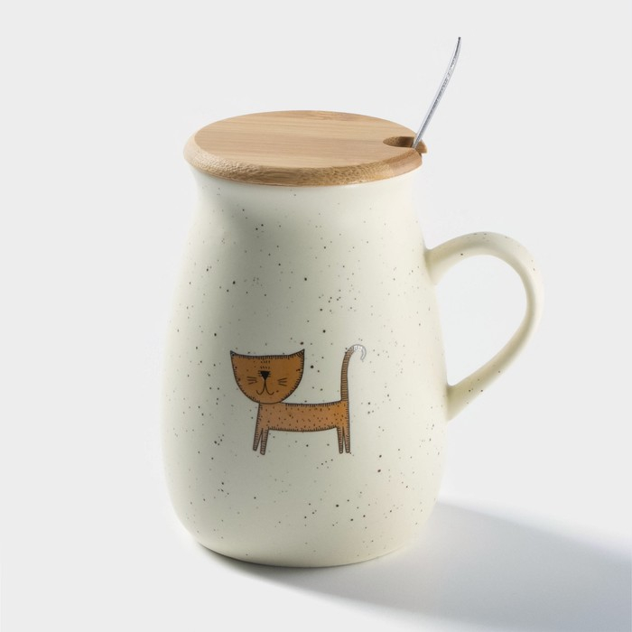 Кружка керамическая с деревянной крышкой и ложкой «Пэтти», 350 мл, рисунок МИКС Кружка керамическая с деревянной крышкой и ложкой «Пэтти», 350 мл, рисунок МИКС