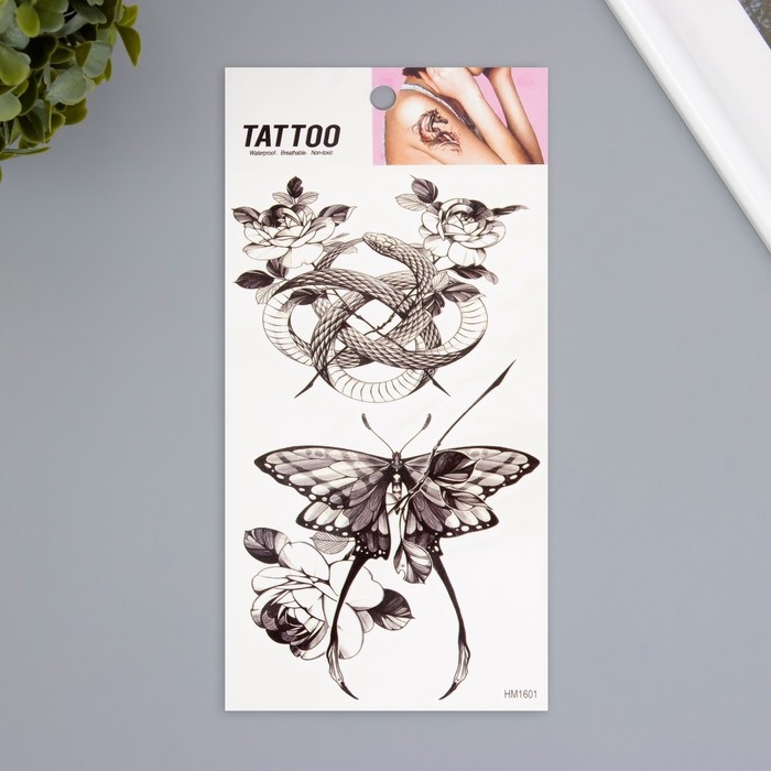 Татуировка на тело чёрная Татуировка на тело чёрная "Змея, бабочка, цветы" 10х20,5 см