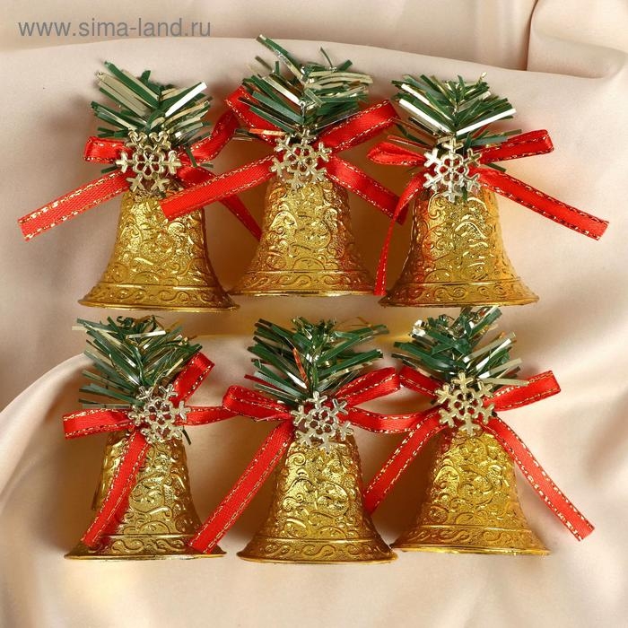 Украшение ёлочное Украшение ёлочное "Колокольчики со снежинкой" (набор 6 шт) 4,5х4,5 см, золотисто-красный