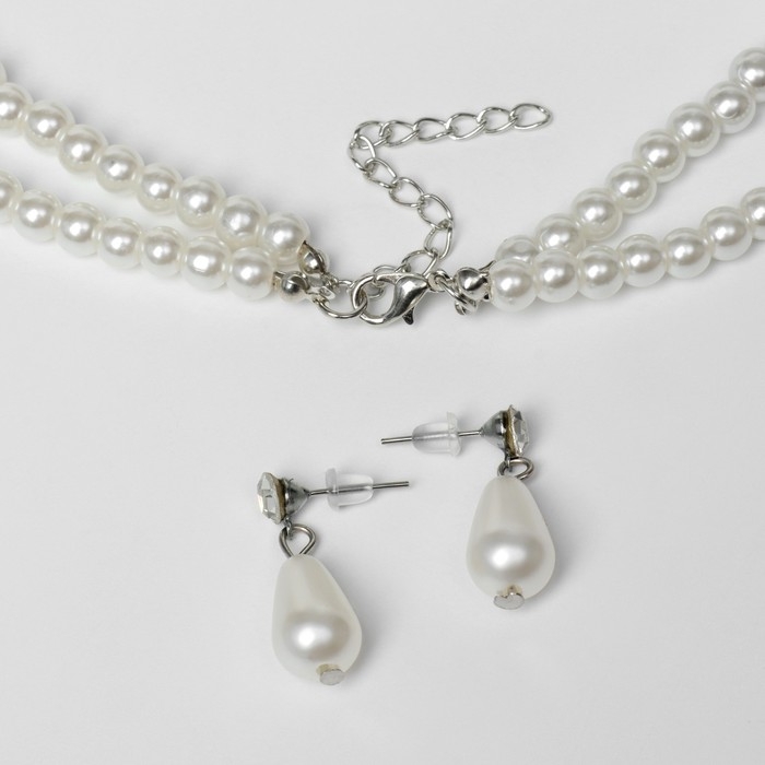 Набор 2 предмета: серьги, колье «Классика» 2 нити, цвет белый в серебре, 45 см Набор 2 предмета: серьги, колье «Классика» 2 нити, цвет белый в серебре, 45 см