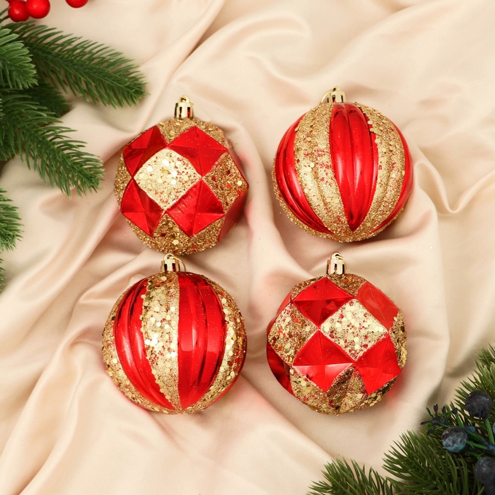 Набор шаров пластик d-8 см, 4 шт Набор шаров пластик d-8 см, 4 шт "Праздничный блеск" красно-золотой