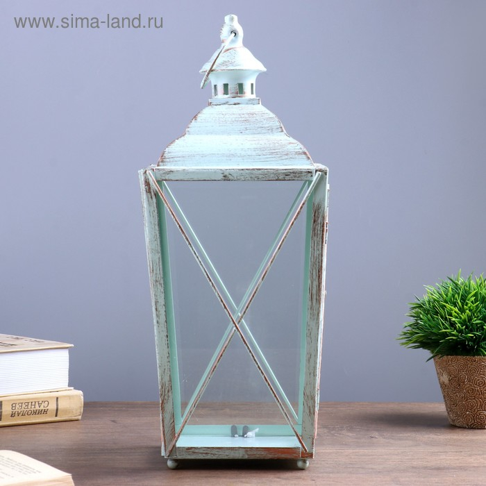 Подсвечник металл, стекло "Фонарик" голубой с патиной набор 2 шт 28х12х12; 38х16х15 см