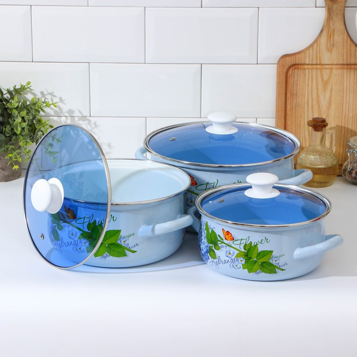 Набор эмалированных кастрюль «Гортензия», 3 предмета: 2 л, 3 л, 4 л, индукция Набор эмалированных кастрюль «Гортензия», 3 предмета: 2 л, 3 л, 4 л, индукция