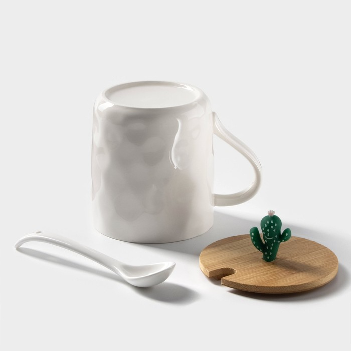 Кружка керамическая с деревянной крышкой и ложкой &laquo;Кактус&raquo;, 380 мл, цвет МИКС