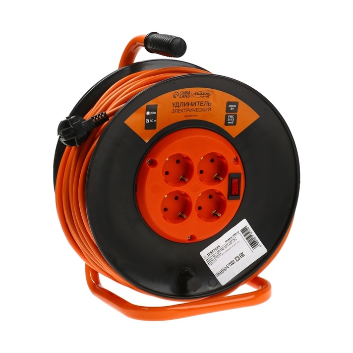 Удлинитель на катушке Luazon Lighting ЕСО, 4 розетки, 50 м, 16 А, ПВС 3х1.5 мм2, с з/к, IP 20, термовыключатель Удлинитель на катушке Luazon Lighting ЕСО, 4 розетки, 50 м, 16 А, ПВС 3х1.5 мм2, с з/к, IP 20, термовыключатель