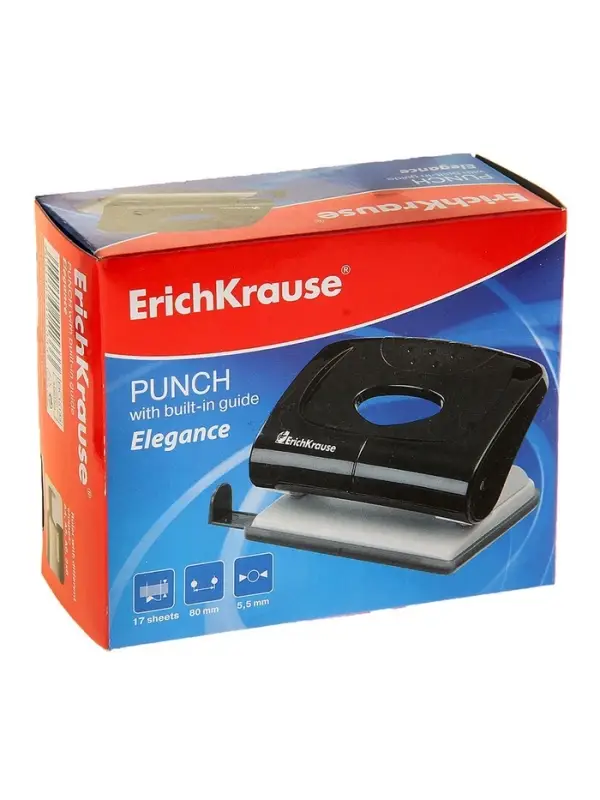 Дырокол ErichKrause Elegance, до 20 листов, диаметр прокола 5.5 мм, расстояние между проколами 80 мм, МИКС