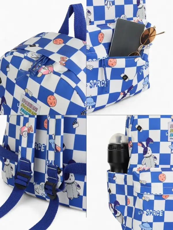 Рюкзак школьный на молнии, с карманами, в клетку, 28&times;11.5&times;40 см, синий