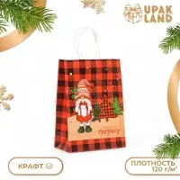 Пакет бумажный подарочный новогодний крафт "Дед Мороз" 15 × 21 × 8 см.