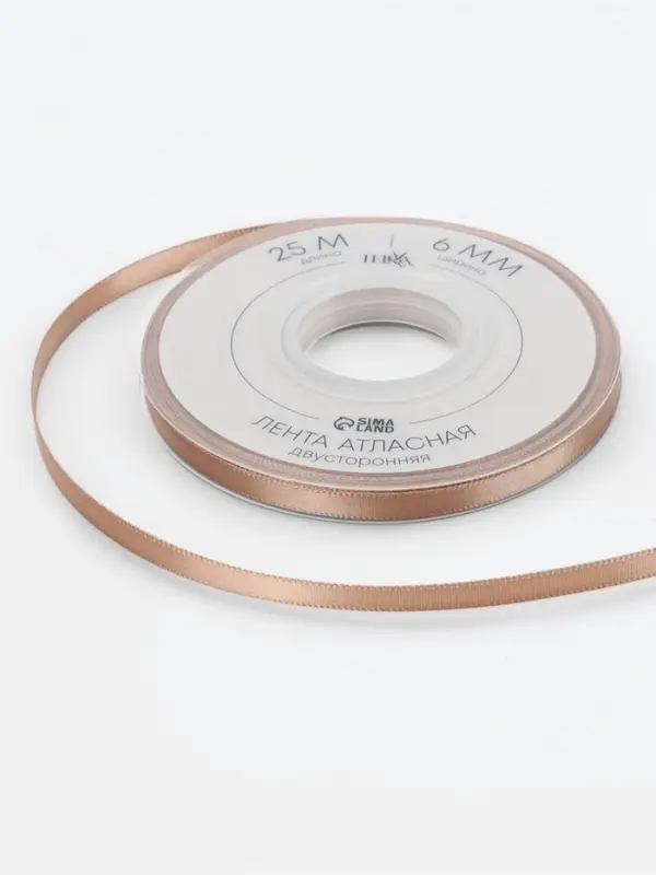 Лента атласная TEIRA, двухсторонняя, 6 мм, 25&plusmn;1 м, бежевая №812