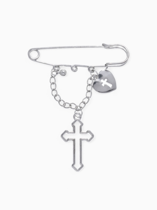 Булавка «Крест» и сердце, цвет серебро