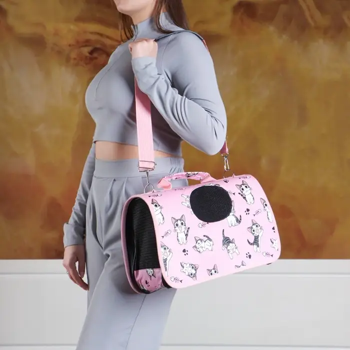 Сумка - переноска каркасная &laquo;Играющие котики&raquo;, размер S, 37.5&times;17&times;22 см, розовая