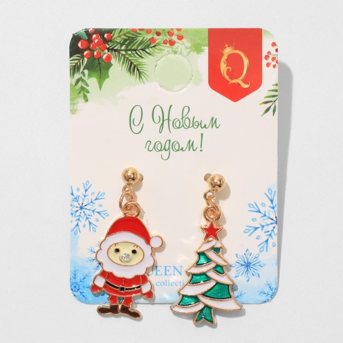 Новый год! Серьги «Новогодние» ёлочка и санта, цветные в золоте Новый год! Серьги «Новогодние» ёлочка и санта, цветные в золоте