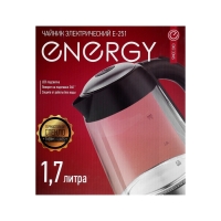 Чайник электрический ENERGY E-251, стекло, 1.7 л, 2200 Вт, чёрно-серебристый