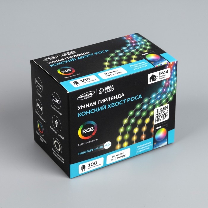 Умная гирлянда «Конский хвост» 10 нитей по 1 м роса, IP20, серебристая нить, 100 LED, пульт ДУ, приложение, свечение RGB, USB