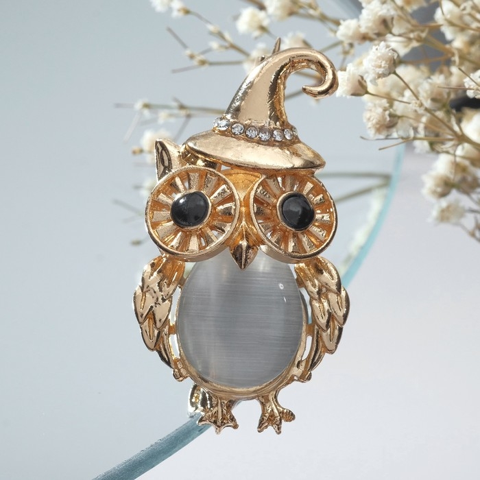 Брошь &laquo;Филин&raquo; в колпачке, цвет чёрно-белый в золоте