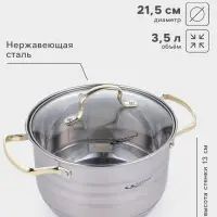 Кастрюля Катунь &laquo;ЭЛИС ГОЛД&raquo;, 3.5 л, 20&times;12.5 см, стеклянная крышка, нержавеющая сталь, ручки золотистые