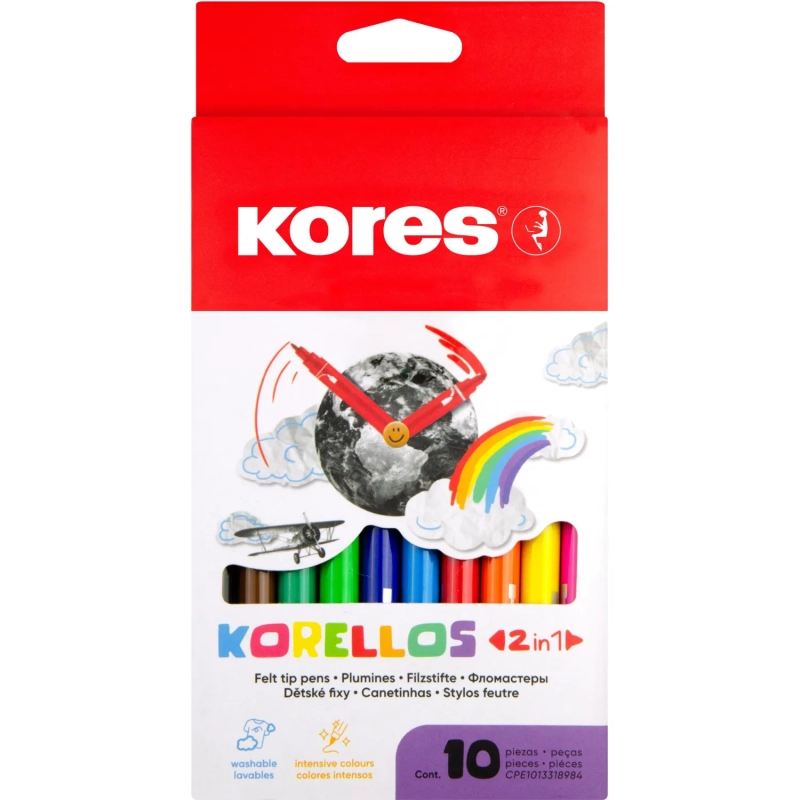 Фломастеры Kores 10цв,двусторон,вент.колп, 29021