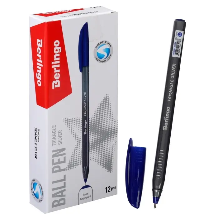 Ручка шариковая Berlingo. Triangle Silver, синий стержень, узел 1 мм, треугольный корпус