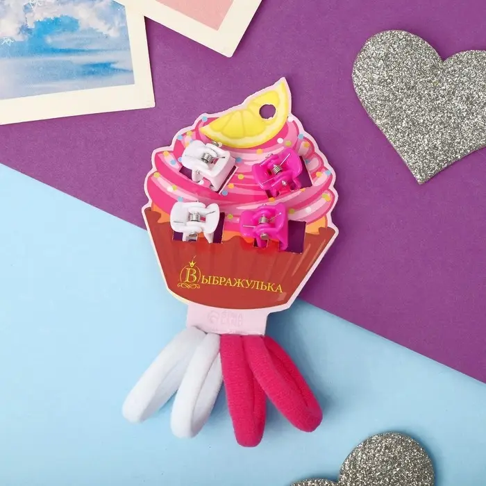 Набор для волос Набор для волос "Маленькая радость" (4 резинки, 4 краба) пироженка, бело-розовый