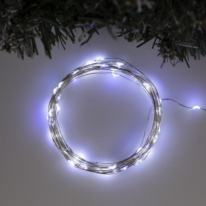 Гирлянда «Нить» 5 м роса, IP20, серебристая нить, 50 LED, мерцание белым, батарейки AAх3 (нет в комплекте), свечение белое Гирлянда «Нить» 5 м роса, IP20, серебристая нить, 50 LED, мерцание белым, батарейки AAх3 (нет в комплекте), свечение белое