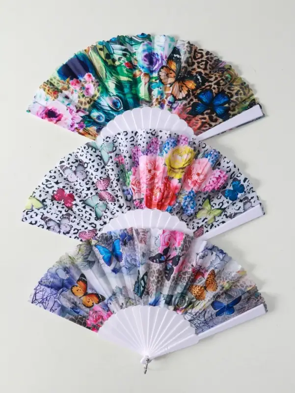 Веер пластик, текстиль Веер пластик, текстиль "Бабочки и цветы на леопарде" МИКС 23 см