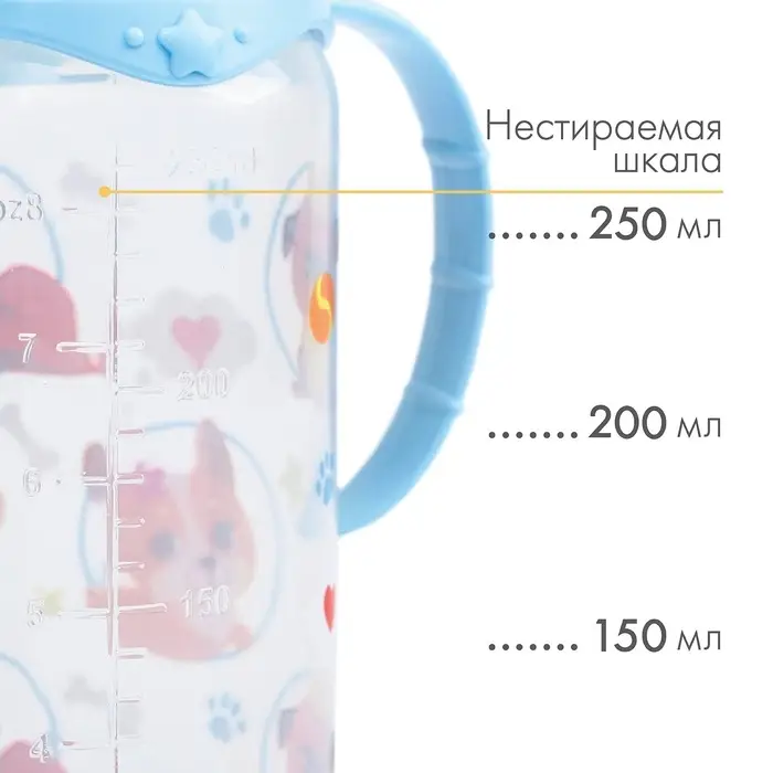 Бутылочка для кормления M&B &laquo;ТРЕНД. Песики&raquo;, классическое горло, с ручками, от 3 мес., 250 мл., цилиндр, голубой