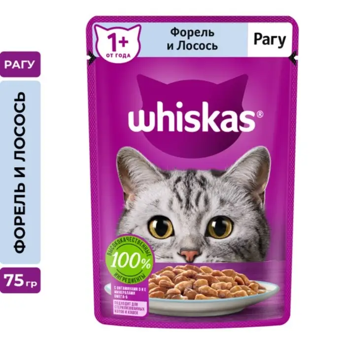 Влажный корм Whiskas для кошек, рагу форель/лосось, 75 г Влажный корм Whiskas для кошек, рагу форель/лосось, 75 г