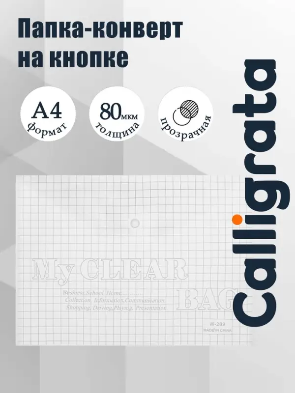 Папка-конверт на кнопке, А4, 80 мкм, &laquo;Клетка&raquo;, прозрачная