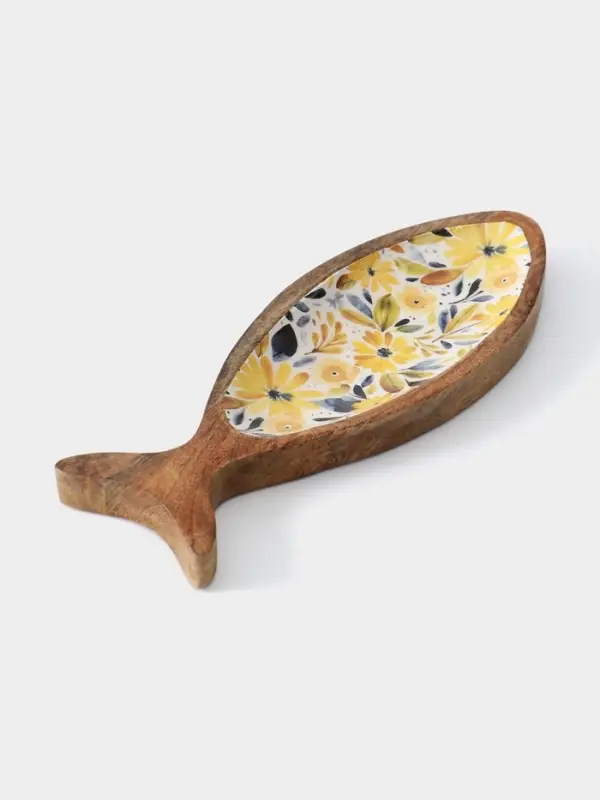 Блюдо в форме рыбки &laquo;Желтые и синие цветы&raquo;, 32&times;11.5&times;2 см, дерево манго