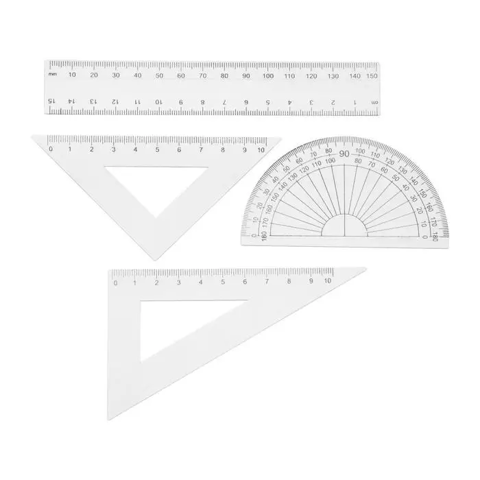 Набор чертежный 4 предмета (линейка 15 см, треугольник11 см/ 30*и 5 см/ 45*, транспортир) прозрачный Набор чертежный 4 предмета (линейка 15 см, треугольник11 см/ 30*и 5 см/ 45*, транспортир) прозрачный