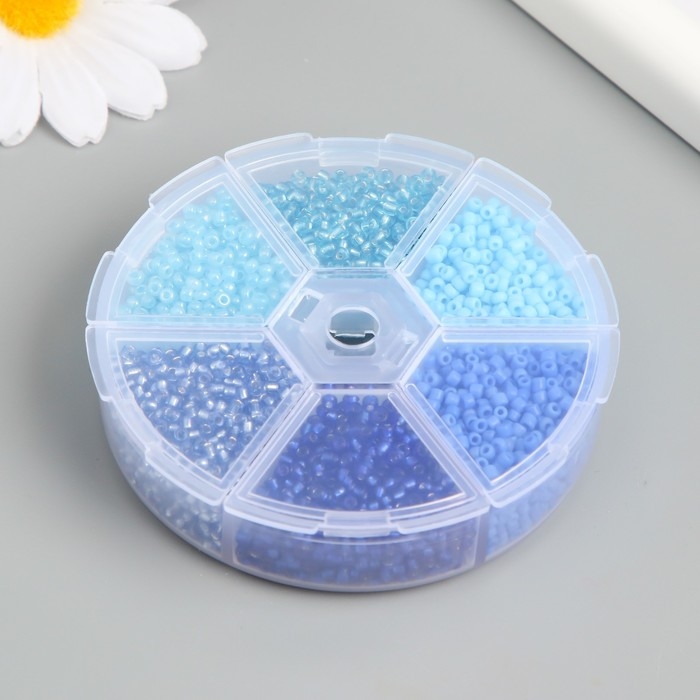 Бисер стекло 8/0 (3 мм) в шкатулке  Бисер стекло 8/0 (3 мм) в шкатулке "Синий" 6 цветов х 10  гр 8х8х2 см