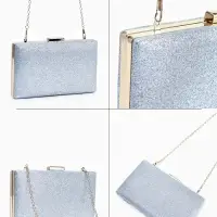 Сумка-клатч женская вечерняя на фермуаре, жёсткий корпус, на цепочке, блестящая, серебристая