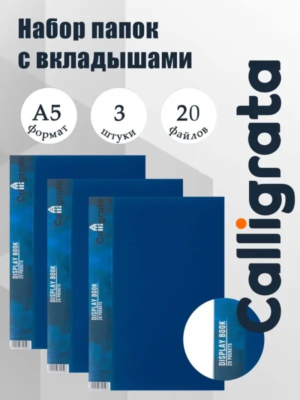 Набор папок А5, 20 вкладышей, Calligrata, карман на корешке, синие, 3 штуки