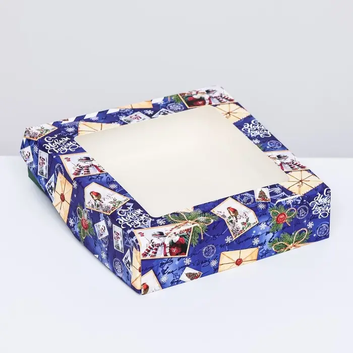 Коробка подарочная новогодняя складная с окном «Новогодняя посылка синяя»15×15×4 см Коробка подарочная новогодняя складная с окном «Новогодняя посылка синяя»15×15×4 см