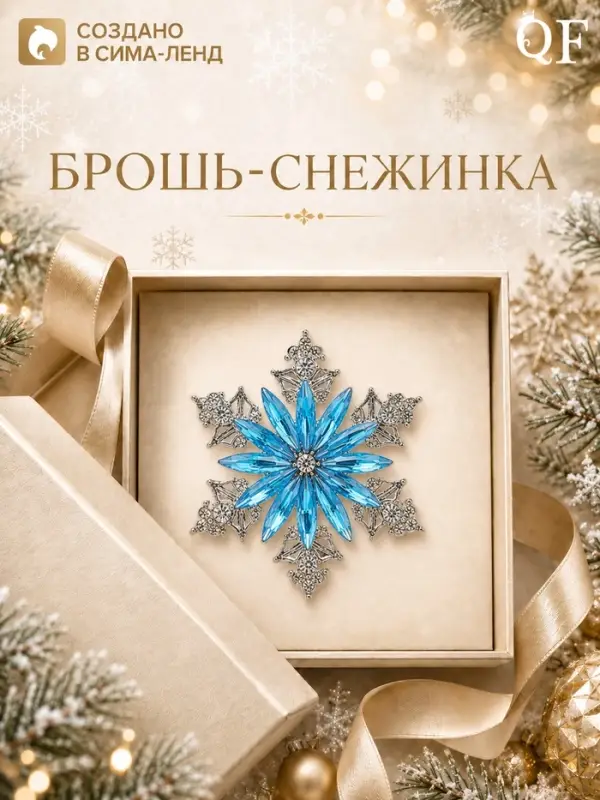 Брошь новогодняя &laquo;Снежинка лучистая&raquo;, бело-голубая в серебре