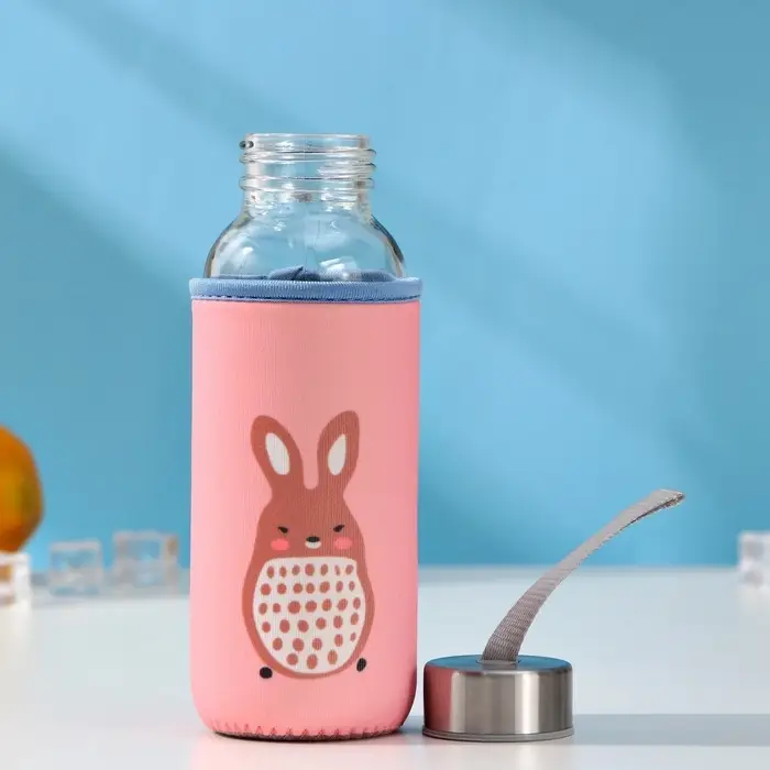 Бутылка для воды &laquo;Весёлые зверята&raquo;, 300 мл, h=17 см, в чехле, стекло, МИКС