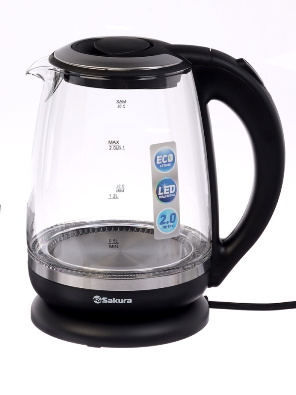 Чайник электрический Sakura SA-2719BK, стекло, 2 л, 2200 Вт, подсветка, серебристо-чёрный Чайник электрический Sakura SA-2719BK, стекло, 2 л, 2200 Вт, подсветка, серебристо-чёрный