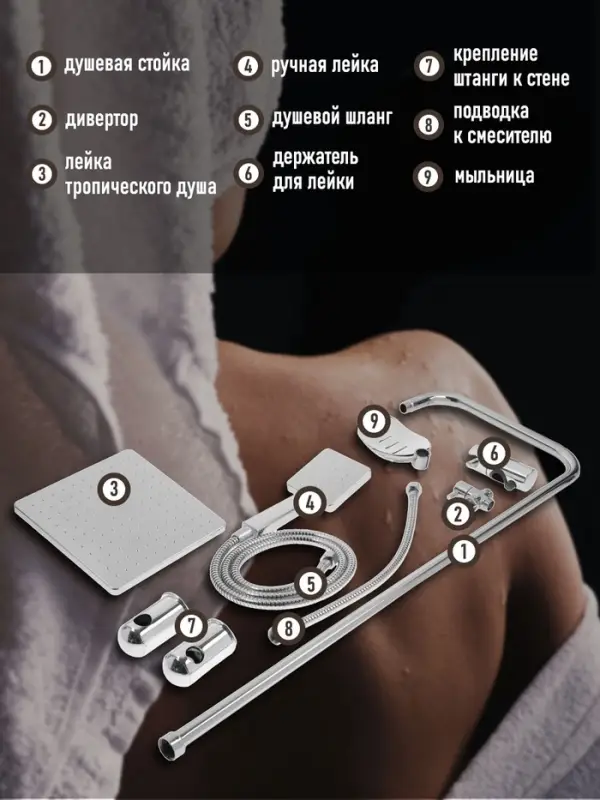 Душевая система ZEIN Z1001, тропическая и ручная лейка, шланги, стойка, мыльница, хром