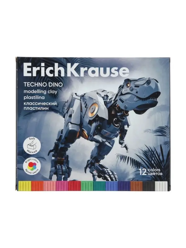 Пластилин 12 цветов ErichKrause Techno Dino, со стеком