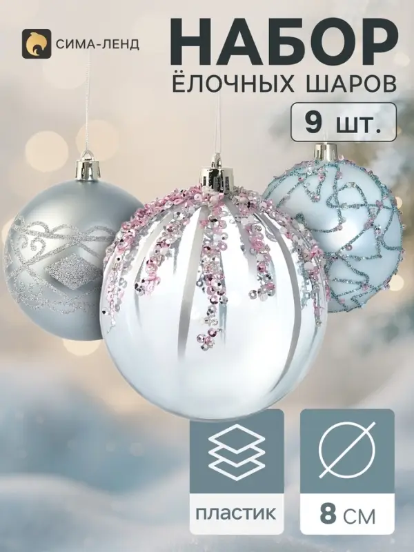 Ёлочные шары набор 9 шт. &laquo;Комета&raquo;, d=8 см, кружево, розово-голубые