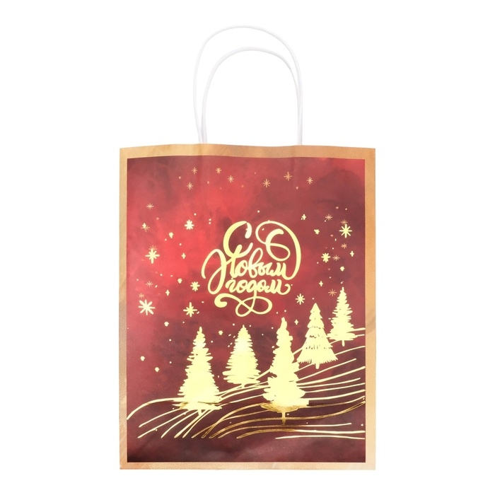 Новый год. Пакет бумажный подарочный новогодний с тиснением, Новый год. Пакет бумажный подарочный новогодний с тиснением, "Ёлки" 27 х 21 х 11 см.