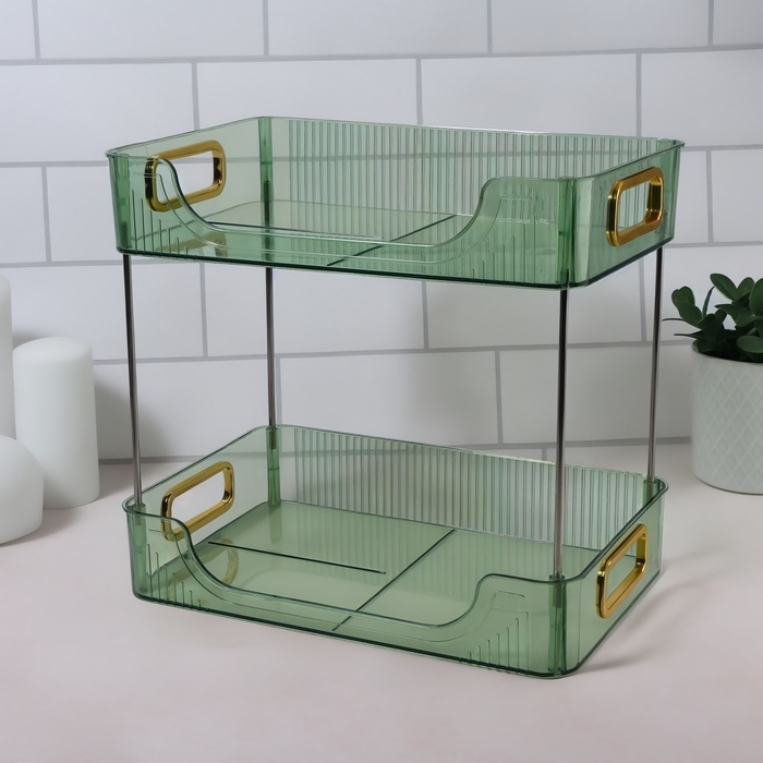 Органайзер для хранения, с ручками, 2 секции, 31 × 20 × 29 см, цвет зелёный/золотистый