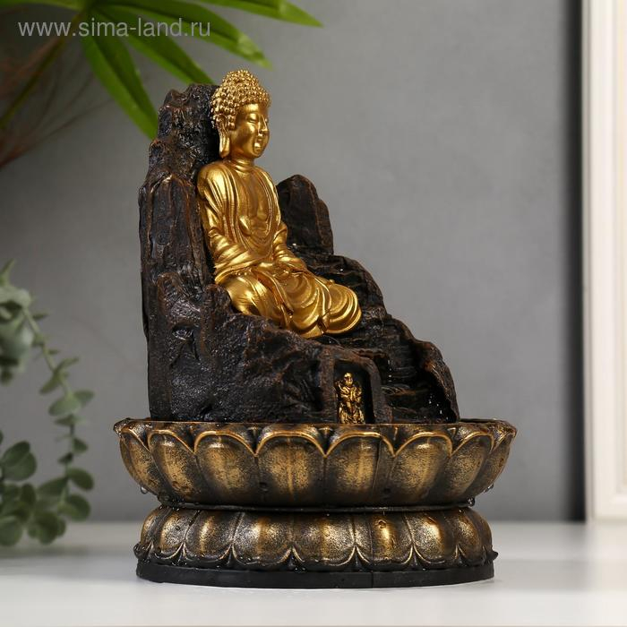 Фонтан настольный от сети, подсветка "Золотой Будда на троне из скалы" 28х20,5х20,5 см