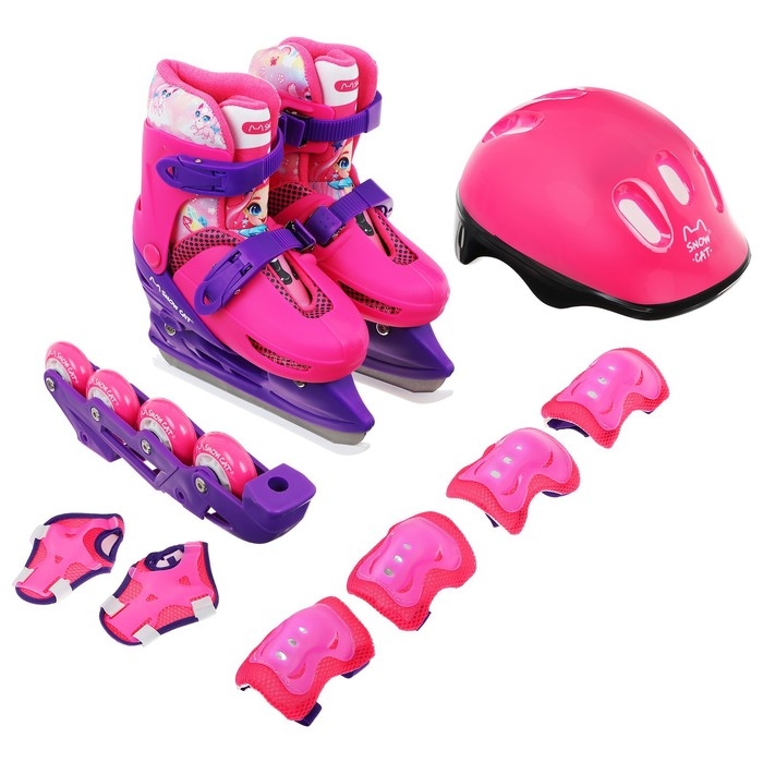 Набор: коньки детские раздвижные Snow Cat, с роликовой платформой, защита, р. 34-37 Набор: коньки детские раздвижные Snow Cat, с роликовой платформой, защита, р. 34-37