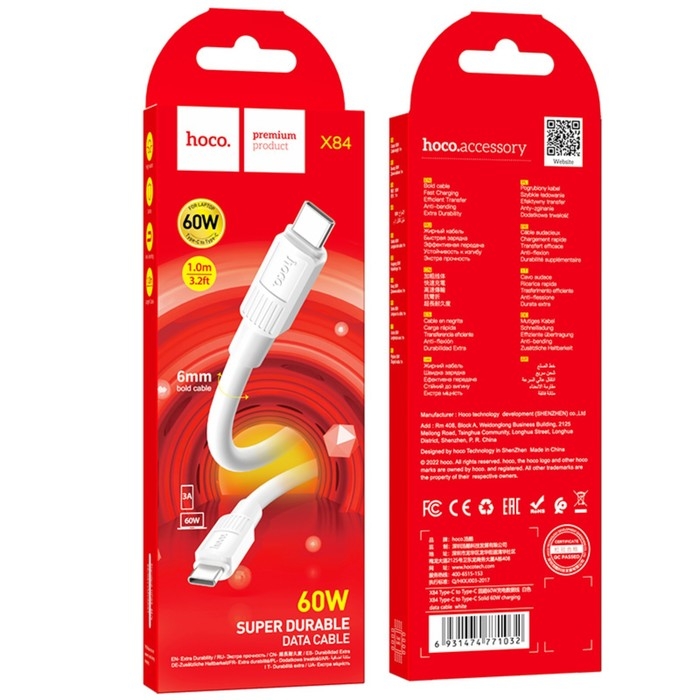 Кабель Hoco X84, Type-C - Type-C, 60 Вт, 3 А, 1 м, передача данных, ПВХ, белый Кабель Hoco X84, Type-C - Type-C, 60 Вт, 3 А, 1 м, передача данных, ПВХ, белый