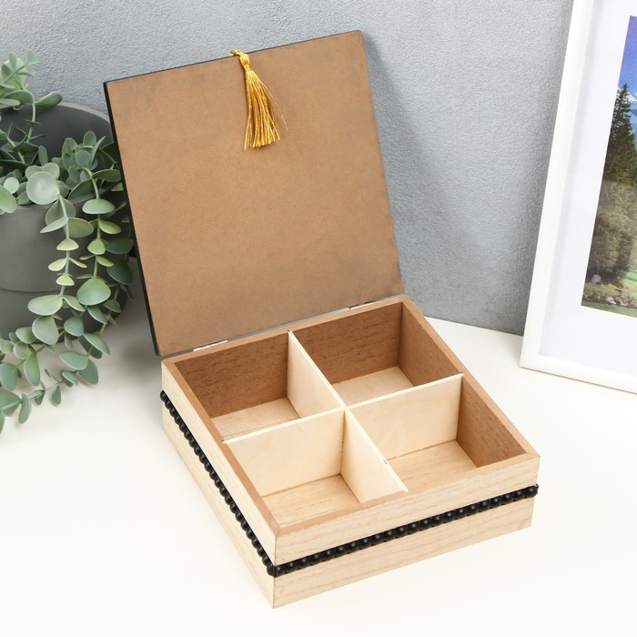 Шкатулка дерево с делениями  Шкатулка дерево с делениями "Плетение" черный 18х18,4х6,8 см